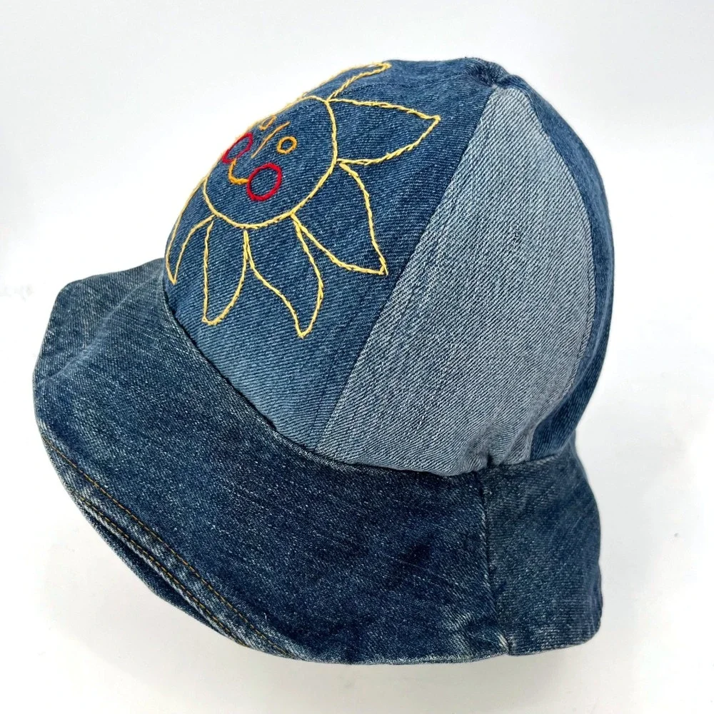 Hippie 70s Boho Vintage Retro Handmade Blue Denim Bucket Hat Embroidered Sun